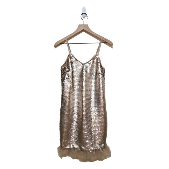 CeCe Bohemian Luxe Blush Gold Sequined Feather-Trim Slip Dress Sz 2 - Picture 2 of 10